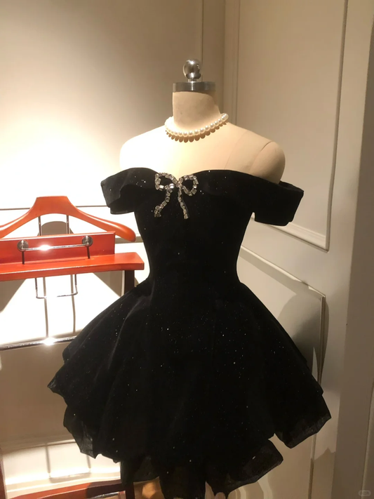 Black Off Shoulder A-Line Short Birthday Outfits Homecoming Dress, DP5350