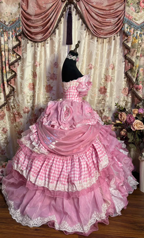Pink Strapless A-Line Ruffles Layered Quinceanera Dress Lovely Birthday Ball Gown, DP5428