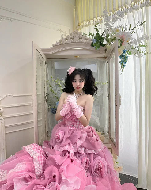 Robe de Quinceanera rose bustier trapèze à volants superposés, jolie robe de bal d'anniversaire, DP5428