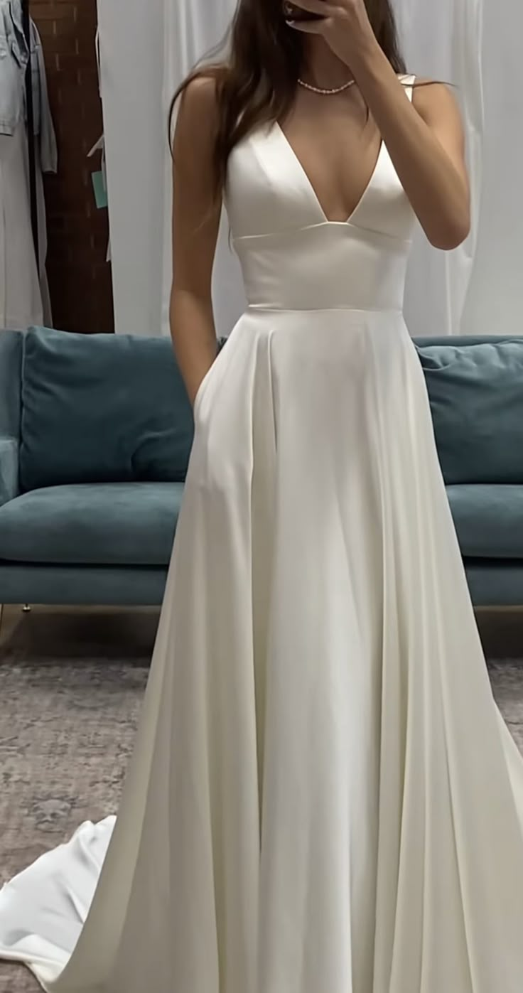 Elegant White V Neck A-Line Satin Long Party Dresses Wedding Dresses, DP5468