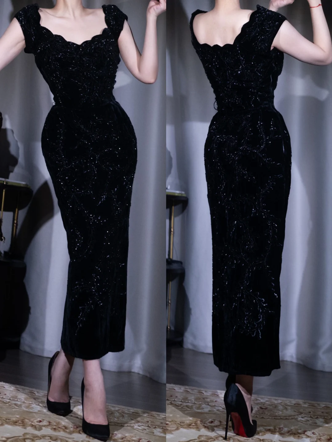 Elegant Black Sleeves Mermaid Beading Modest Party Dresses Cocktail Dress, DP5470