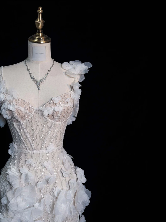 Elegant White Straps Mermaid Beading Long Party Dresses Wedding Dresses, DP5473