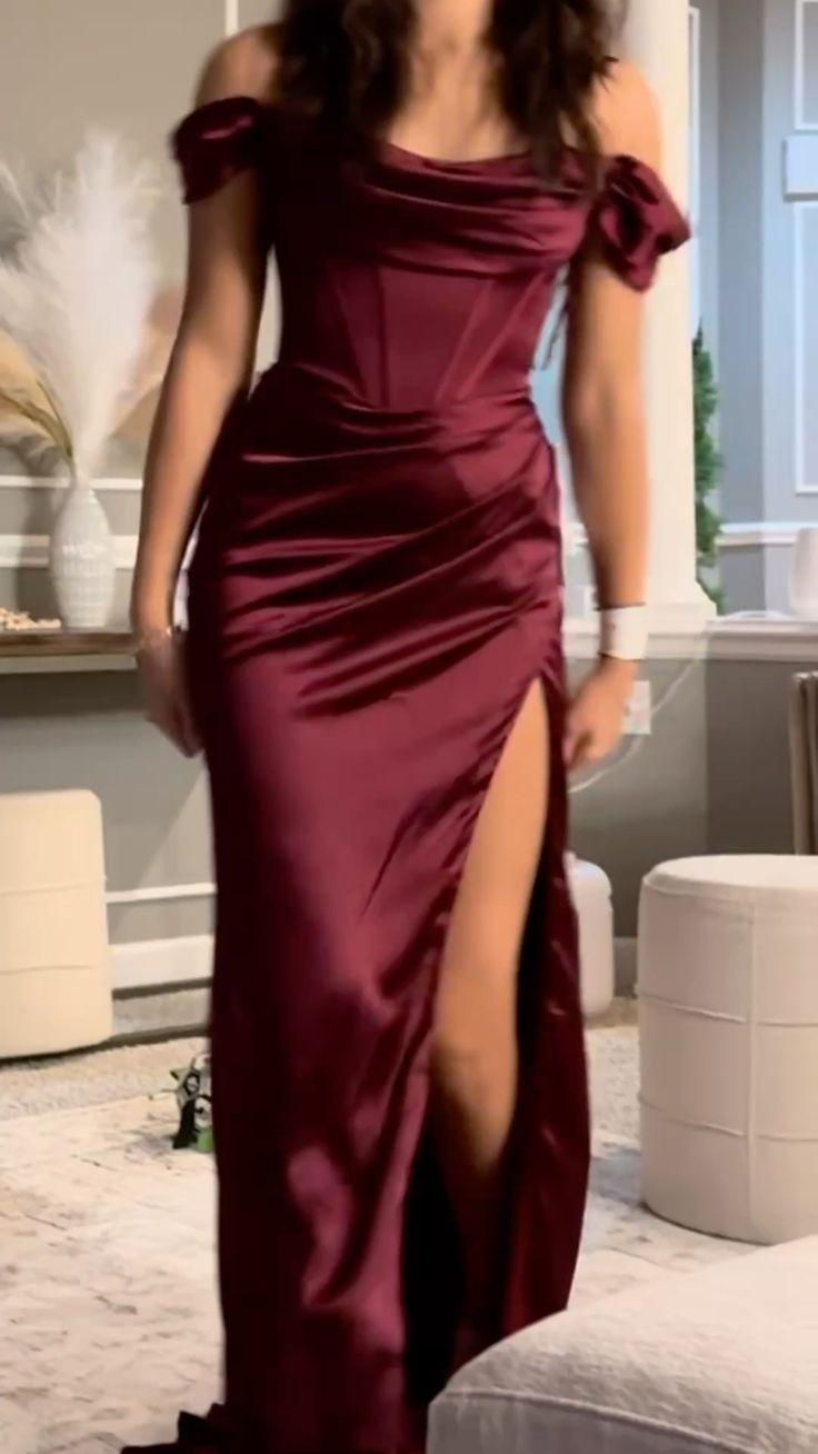 Burgundy Off Shoulder Mermaid Satin Split Long Evening Party Desses, DP5475