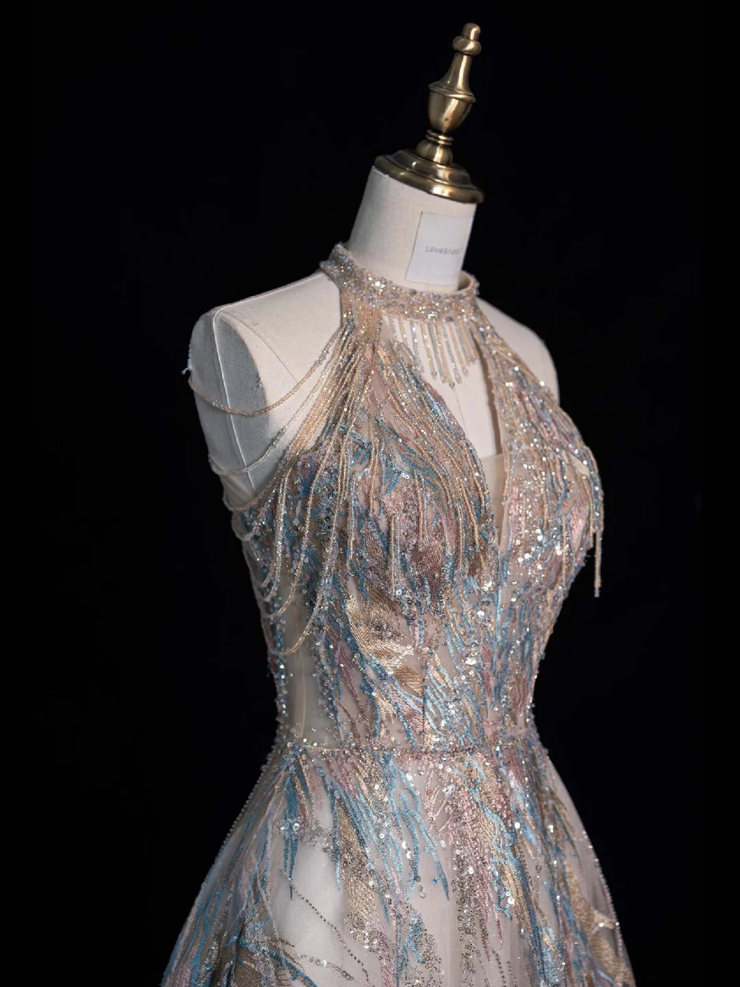 Elegant Halter Neck A-Line Sequins Beaded Long Prom Dresses Evening Gowns, DP5484