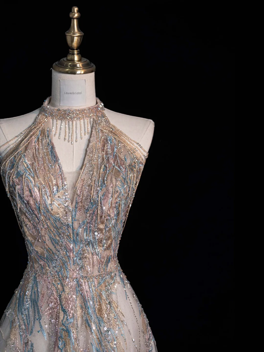 Elegant Halter Neck A-Line Sequins Beaded Long Prom Dresses Evening Gowns, DP5484