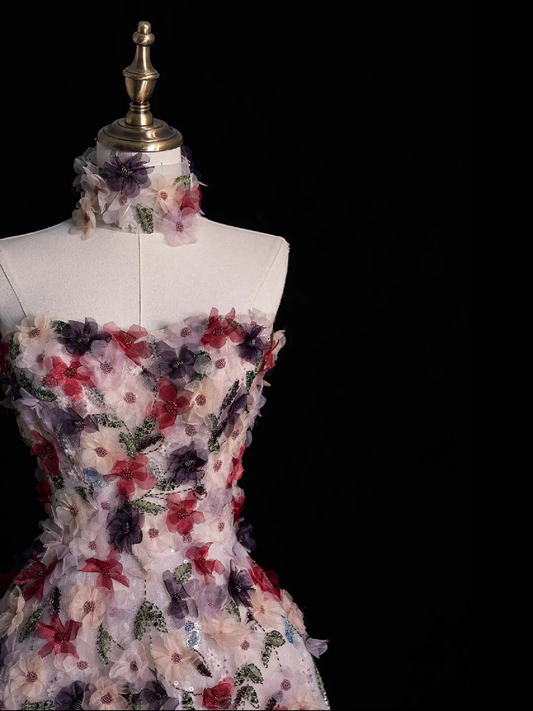 Light Pink Strapless A-Line Floral Beading Long Prom Dresses Evening Gowns, DP5485