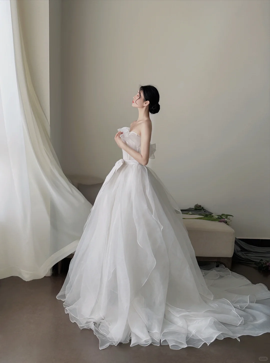 Elegant White Strapless A-Line Chiffon Long Wedding Dresses Bridal Dresses, DP5489