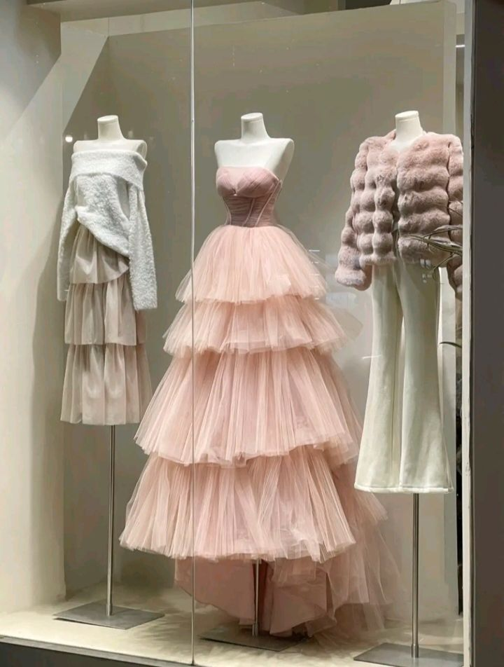 Pretty Pink Strapless A-Line Tulle Tiered Long Prom Dresses Birthday Ball Gowns, DP5491