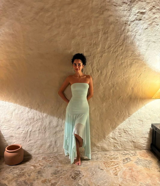 Mint Green Strapless A-Line Long Party Dresses Wedding Guest Dresses, DP5492