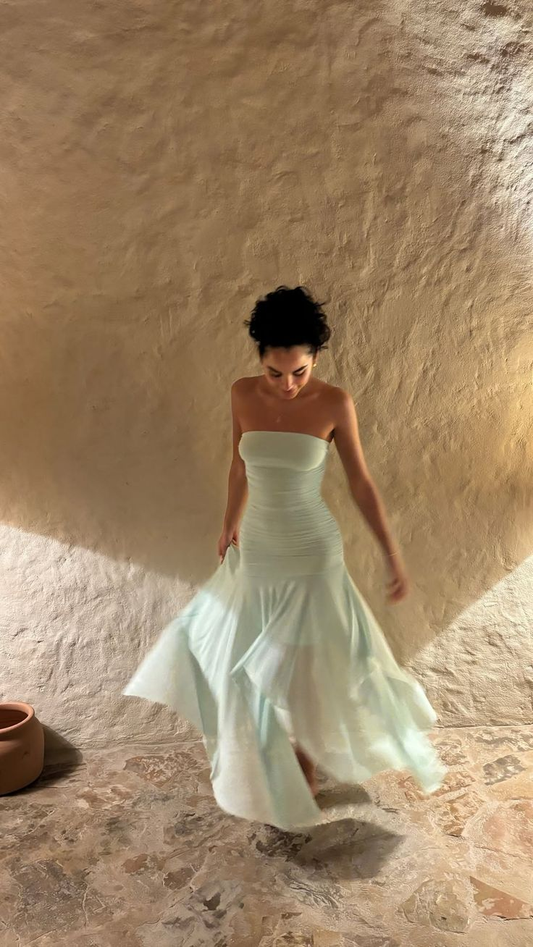 Mint Green Strapless A-Line Long Party Dresses Wedding Guest Dresses, DP5492