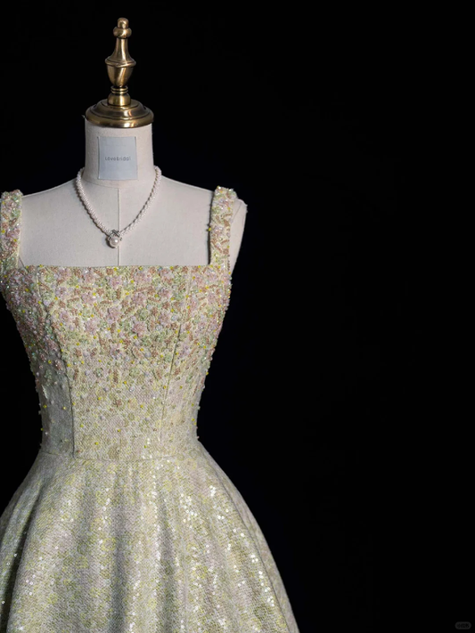 Light Green Straps A-Line Sequins Beading Long Party Dresses Birthday Outfits, DP5497