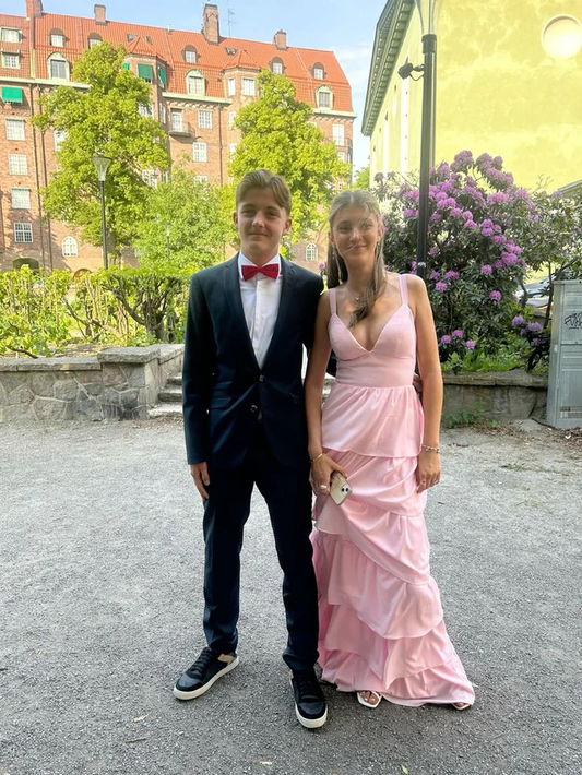 Pink Straps V neck A-Line Chiffon Tiered Long Party Dresses Wedding Guest Dress, DP5498