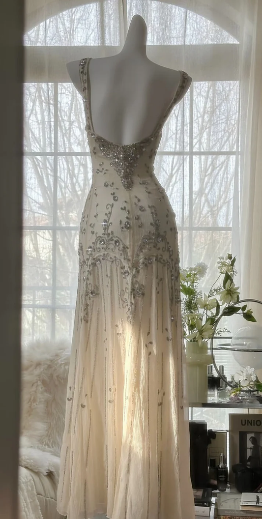 Elegant Ivory Straps Sheath Chiffon Beaded Long Evening Party Dresses, DP5500