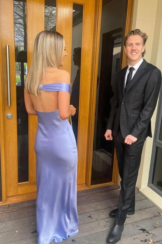 Purple Off Shoulder Mermaid Satin Wedding Guest Dresses Bridesmaid Dresses, DP5501