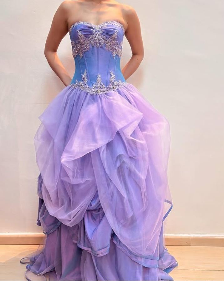 Lavender Sweetheart A-Line Beaded Tulle Long Prom Dresses Birthday Ball Gown, DP5504