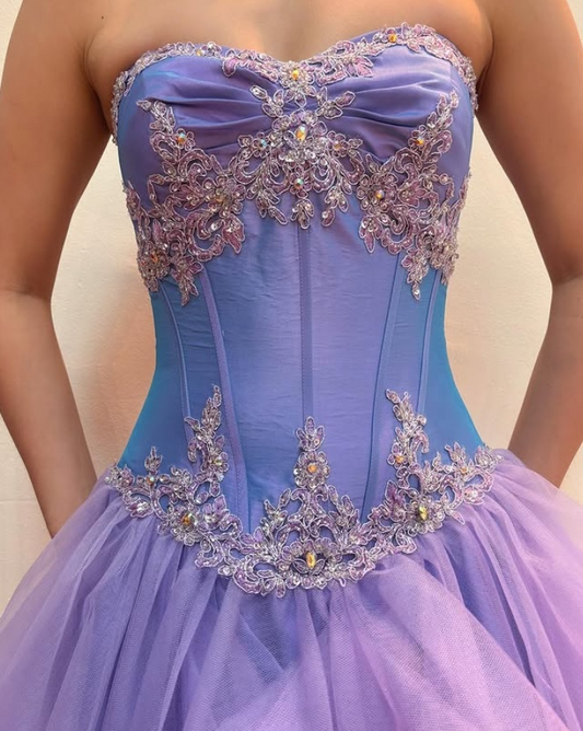 Lavender Sweetheart A-Line Beaded Tulle Long Prom Dresses Birthday Ball Gown, DP5504