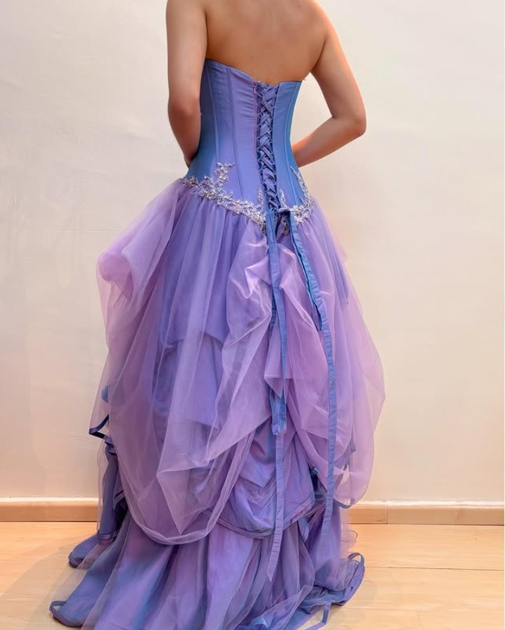 Lavender Sweetheart A-Line Beaded Tulle Long Prom Dresses Birthday Ball Gown, DP5504