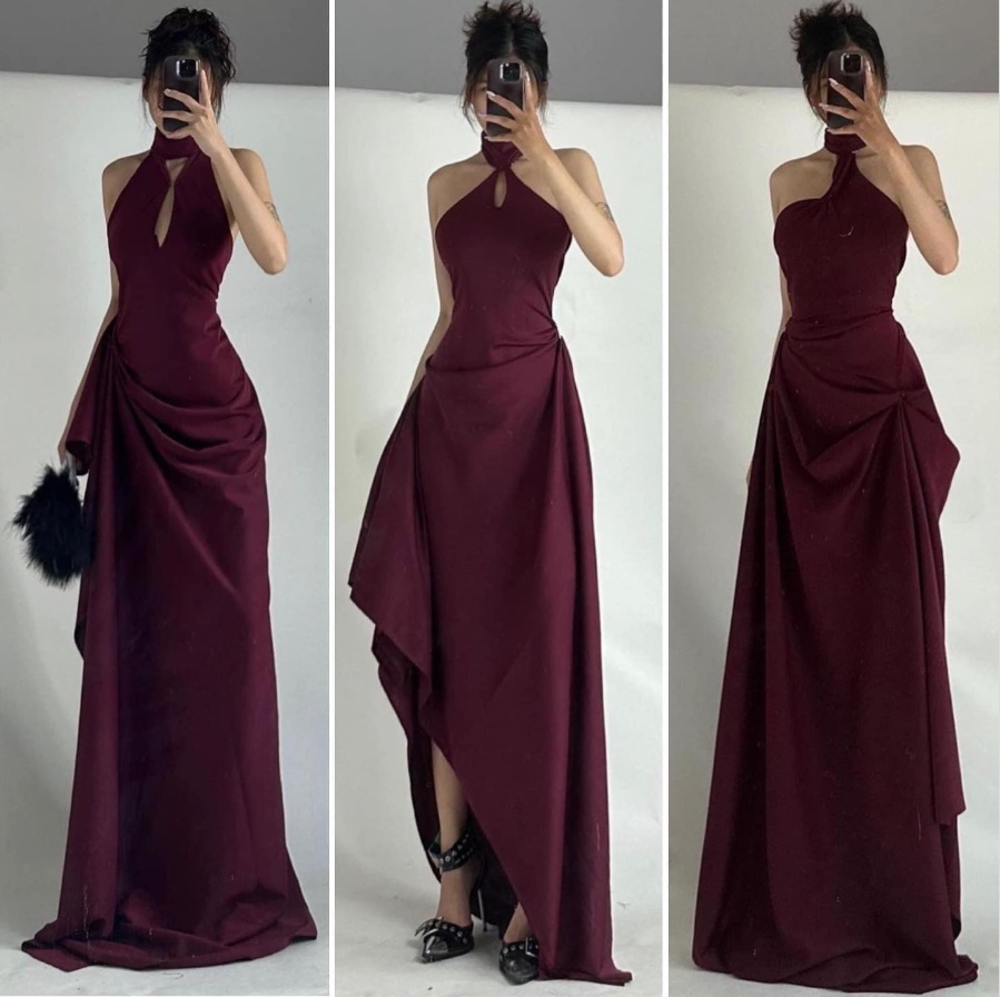 Robe de soirée longue élégante bordeaux à col licou et coupe trapèze, robe d'anniversaire, DP5516