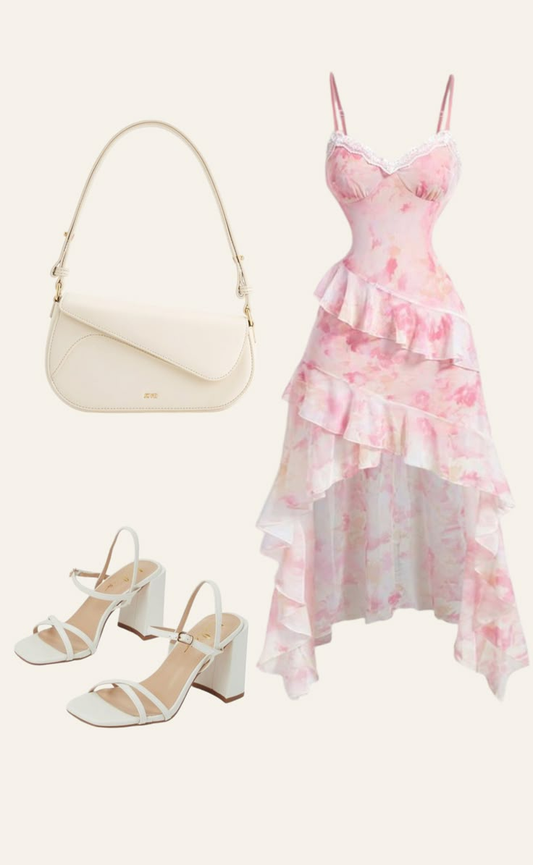 Pink Spaghetti Straps A-Line High Low Ruffles Party Dress Wedding Guest Dress, DP5519