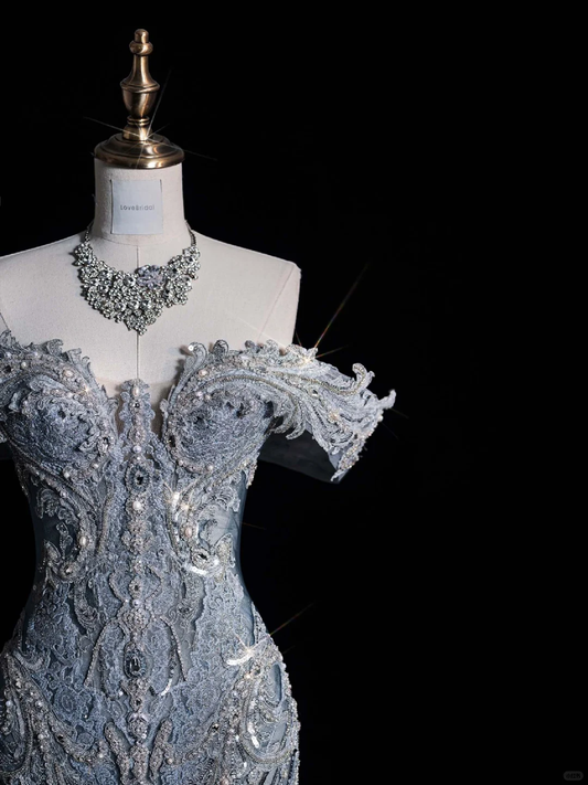 Blue Off Shoulder Mermaid Beaded Long Prom Dresses Evening Gowns, DP5524