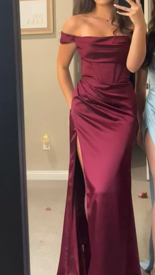 Burgundy Off Shoulder Mermaid Satin Long Party Dresses Wedding Guest Dress, DP5536