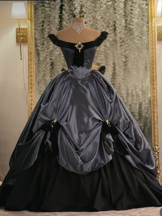 Elegant Off Shoulder A-Line Lace Satin Vintage Evening Ball Gowns, DP5546