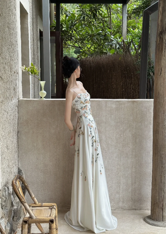 Elegant White Spaghetti Straps A-Line Flower Long Evening Party Dresses, DP5550