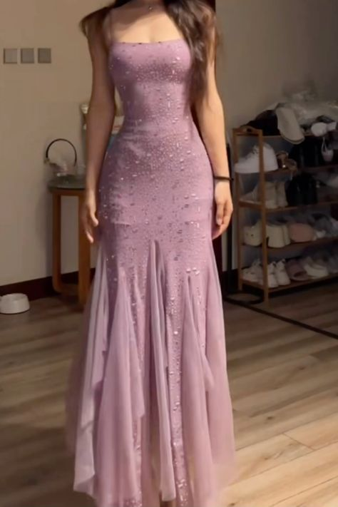 Lilac Spaghetti Straps Mermaid Long Party Dresses Wedding Guest Dresses, DP5559