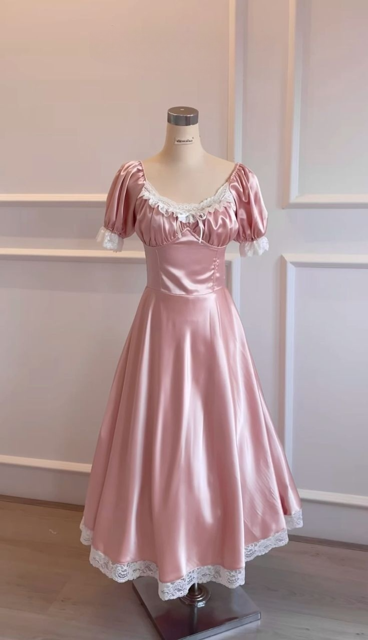 Retro Pink A-Line Satin Lace Vintage Party Dresses Long Birthday Outfits, DP5568
