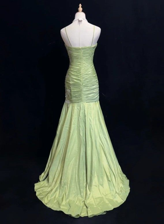 Robe de soirée longue verte à bretelles spaghetti et appliques style sirène, style vintage, DP5582