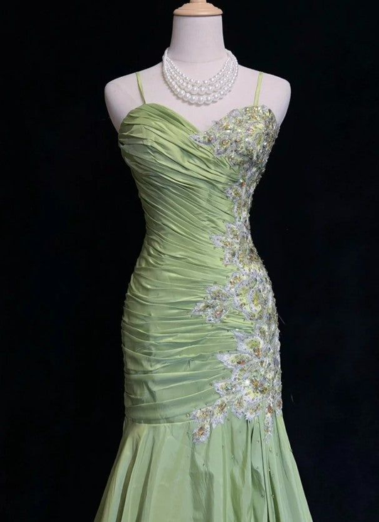 Green Spaghetti Straps Mermaid Appliques Vintage Long Evening Party Dresses, DP5582