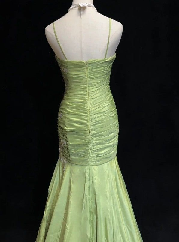 Robe de soirée longue verte à bretelles spaghetti et appliques style sirène, style vintage, DP5582