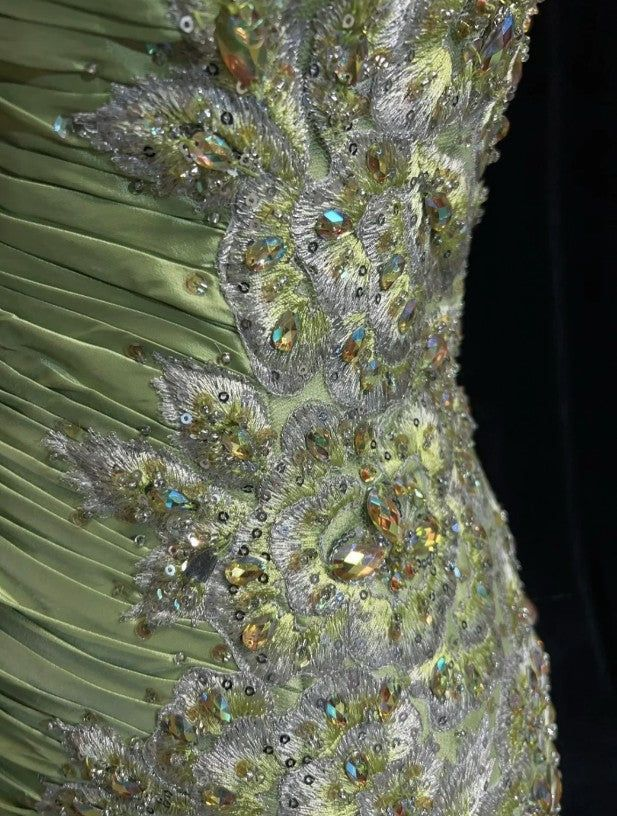 Robe de soirée longue verte à bretelles spaghetti et appliques style sirène, style vintage, DP5582