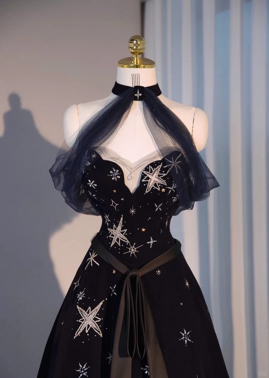 Black Halter Off Shoulder A-Line Long Formal Prom Dresses Evening Dresses, DP5583