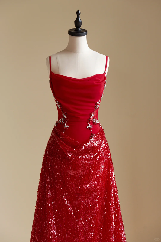 Charmante robe de soirée longue rouge à bretelles spaghetti et paillettes, DP5584