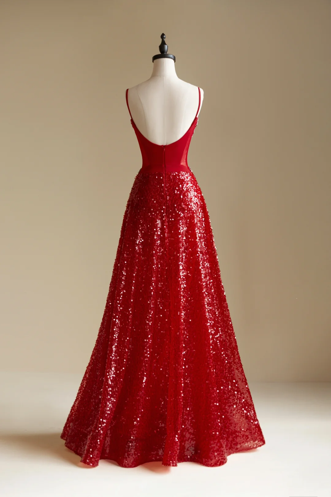 Charmante robe de soirée longue rouge à bretelles spaghetti et paillettes, DP5584