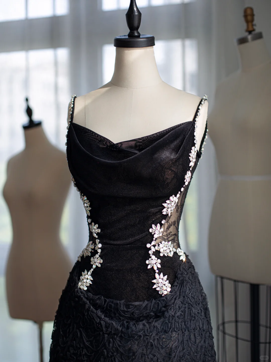 Charming Black Spaghetti Straps A-Line Beads Long Evening Party Dresses, DP5585