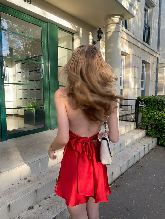 Sexy Red Halter Neck A-Line Satin Short Party Dresses Homecoming Dresses, DP5597