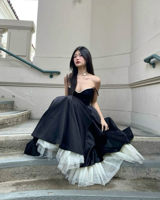 Elegant Black Spaghetti Straps A-Line Long Party Dresses Birthday Outfits, DP5604