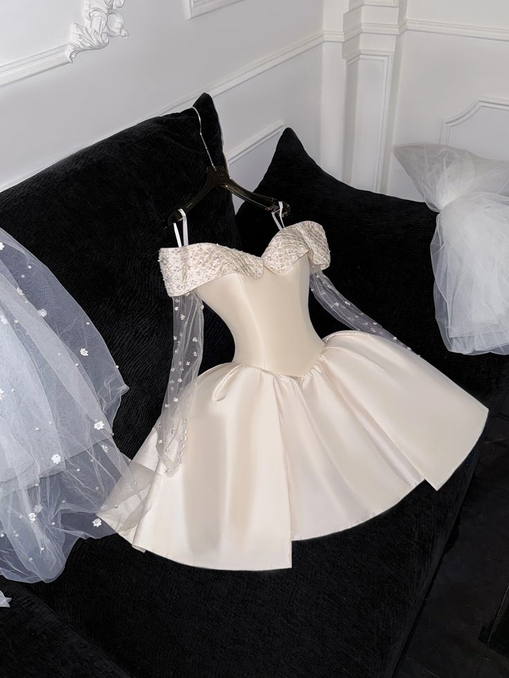 White Off Shoulder A-Line Satin Short Party Dresses Birthday Party Dresses, DP5617