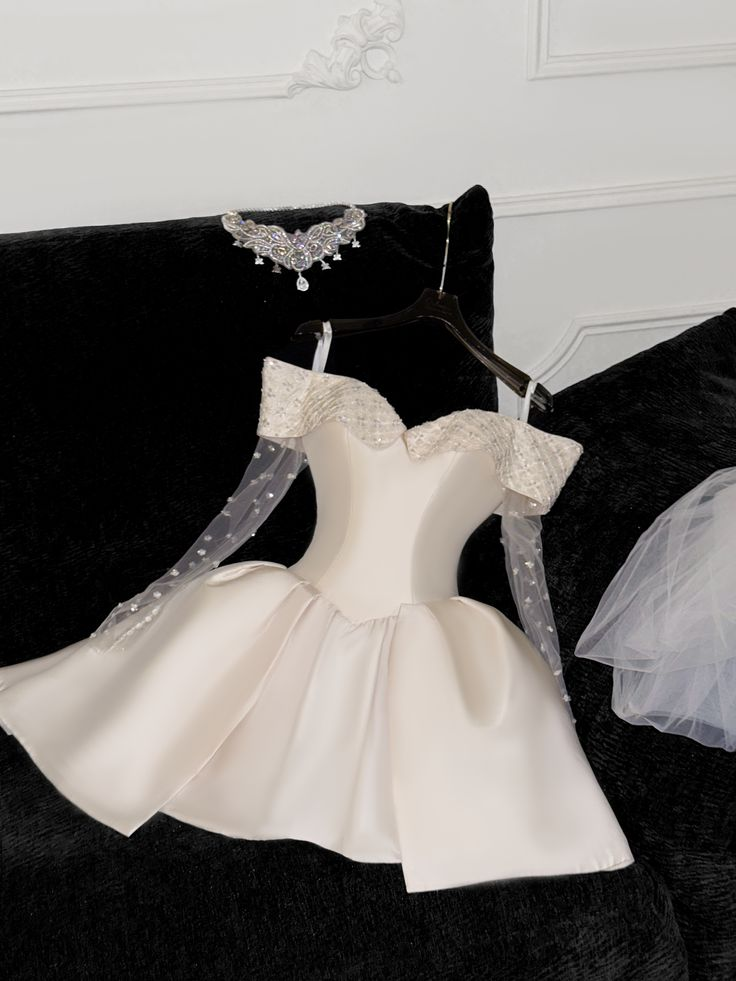 White Off Shoulder A-Line Satin Short Party Dresses Birthday Party Dresses, DP5617