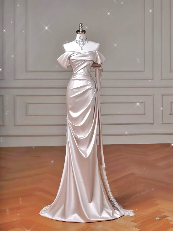 Light Pink Off Shoulder Mermaid Satin Long Prom Dresses Evening Party Dresses, DP5621