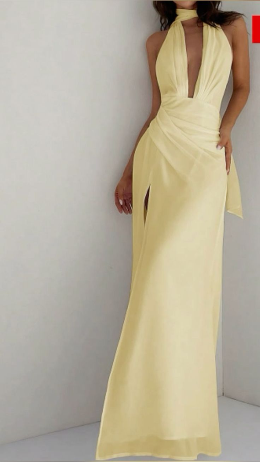 Light Yellow Halter Sheath Split Long Party Dresses Wedding Guest Dresses, DP5689