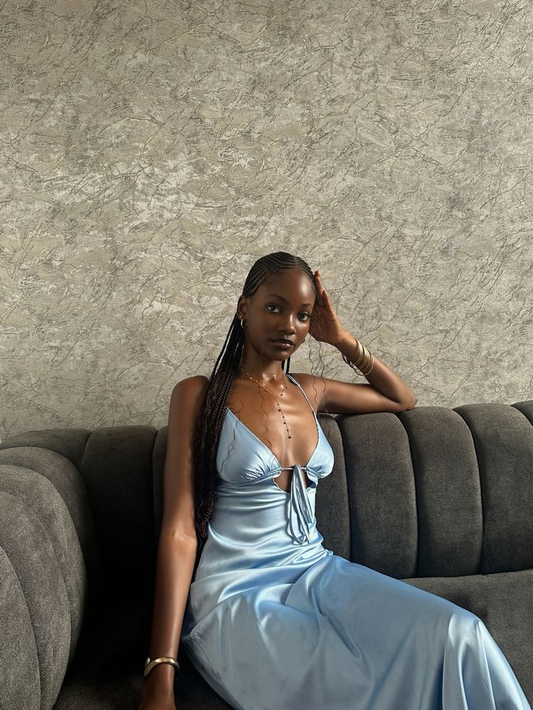 Blue Spaghetti Straps Sheath Satin Long Party Dresses Wedding Guest Dresses, DP5691