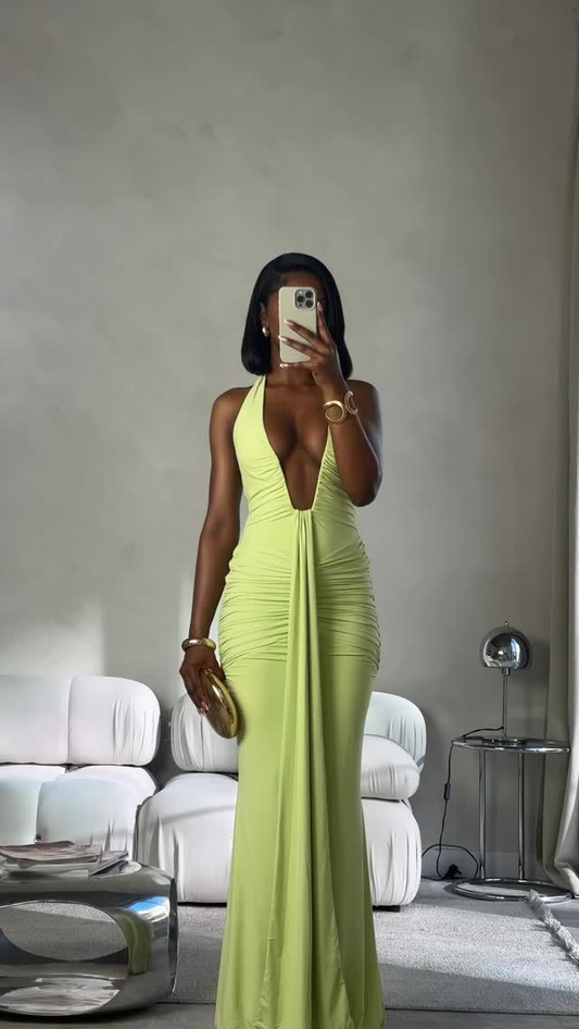 Green Halter Deep V Neck Mermaid Long Party Dresses Wedding Guest Dresses, DP5693