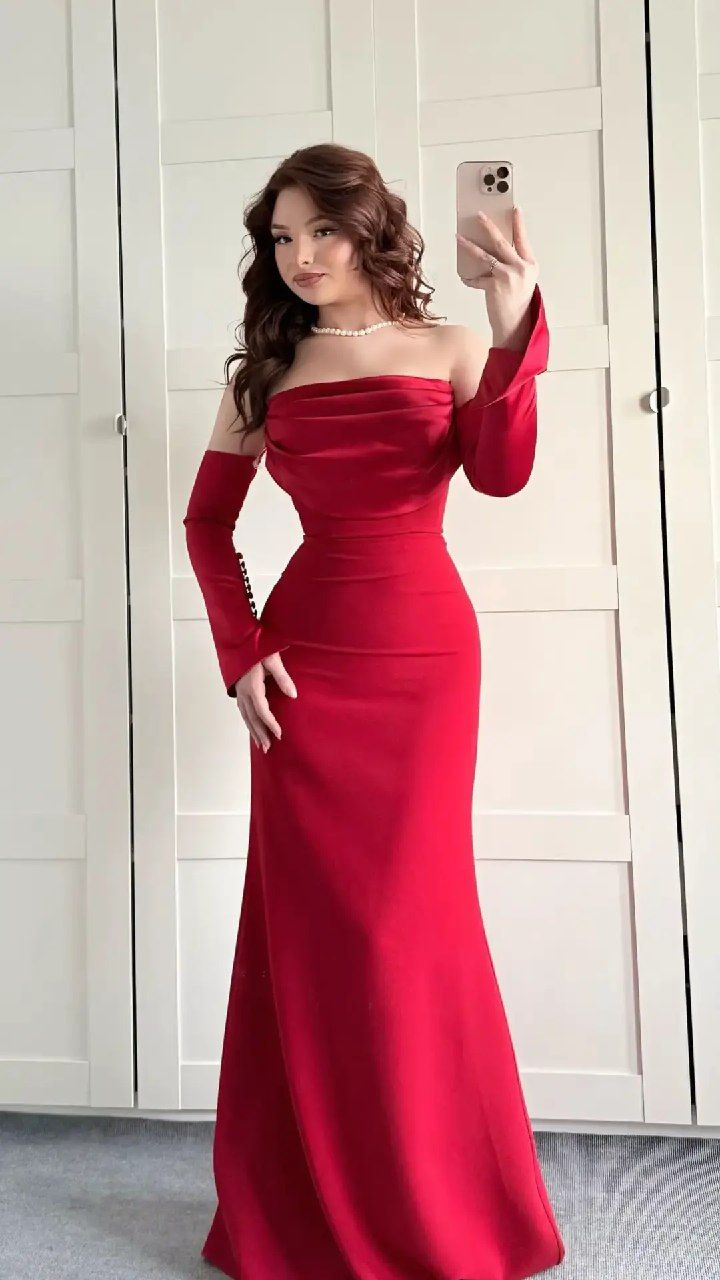 Charmante robe de soirée longue rouge sans bretelles style sirène, DP5698