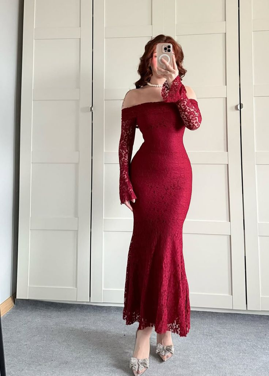 Sexy Burgundy Off Shoulder Mermaid Lace Long Evening Party Dresses, DP5699