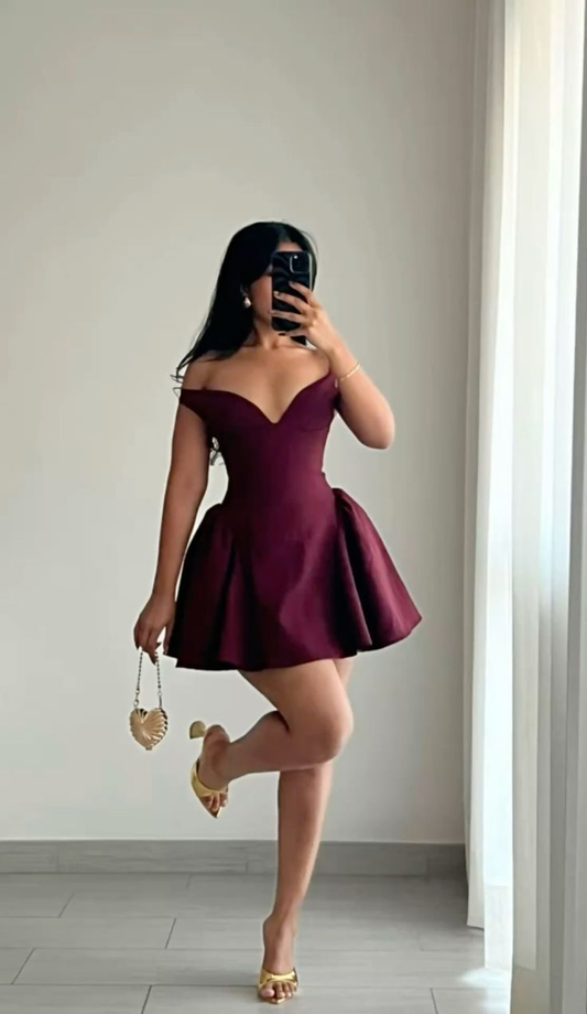 Burgunderrotes A-Linien-Abendkleid mit Herzausschnitt, kurzes Partykleid, Homecoming-Kleid, DP5704