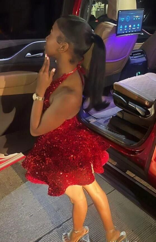 Wine Red Halter A-Line Sequins Short Party Dresses Homecoming Dresses, DP5711