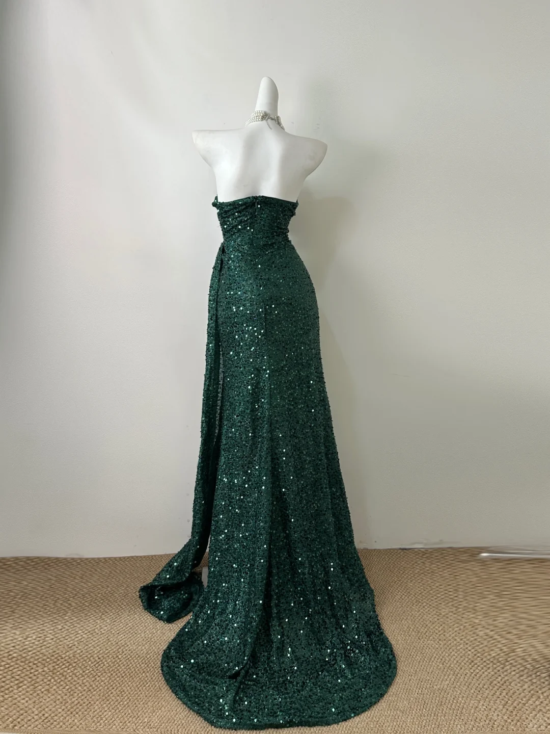 Green Strapless Sequins Mermaid Split Sexy Long Evening Party Dress, DP5064
